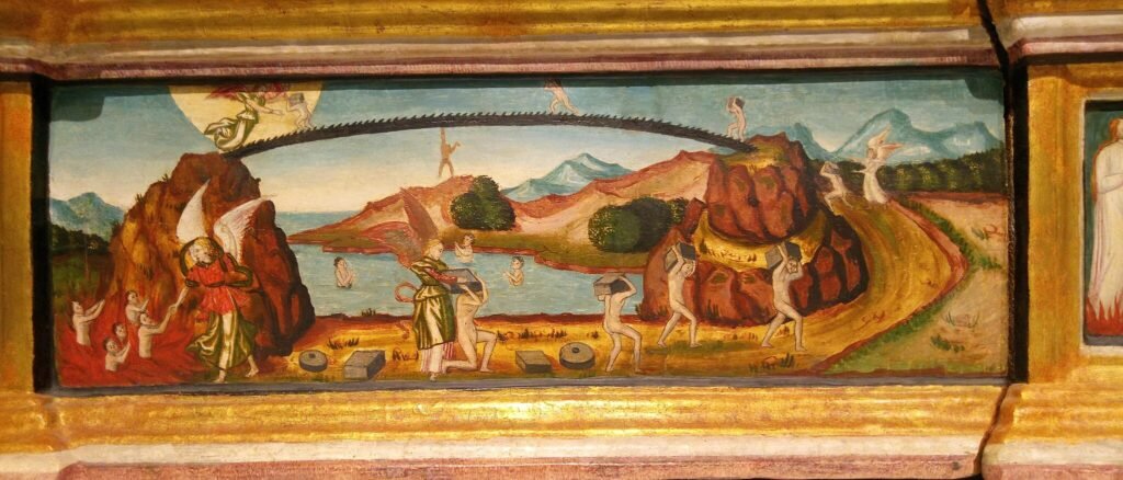 16th c. image of the Bridge of Dread, from the Museum of Sacred Art in Mallorca. Public domain.